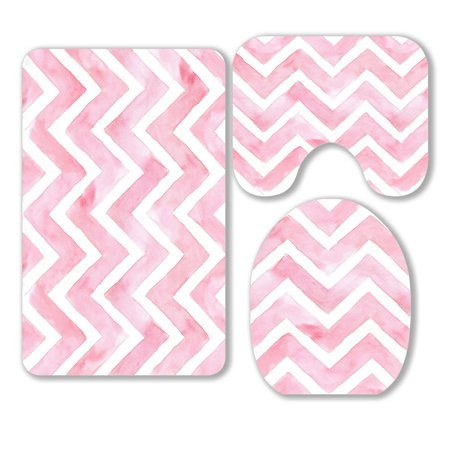 ABPHQTO Chevron Pink Color White 3 Piece Bathroom Rugs Set Bath Rug Contour Mat and Toilet Lid Cover