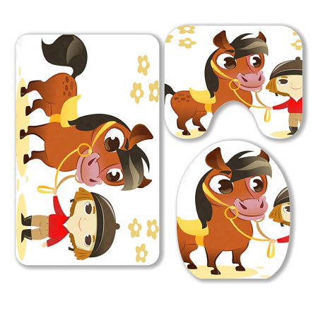 ABPHQTO Child Stand With Small Horse 3 Piece Bathroom Rugs Set Bath Rug Contour Mat and Toilet Lid Cover