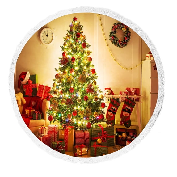 ABPHQTO Chrisrtmas Tree Home Interior Round Beach Blanket with Tassels Beach Throw Towel Yoga Mat Picnic Blanket