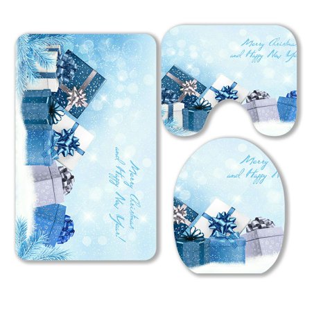 ABPHQTO Christmas Blue Gift Boxes And Snowflakes 3 Piece Bathroom Rugs Set Bath Rug Contour Mat and Toilet Lid Cover