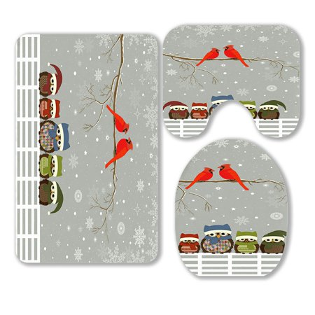 ABPHQTO Christmas Branch Red Birds Owls 3 Piece Bathroom Rugs Set Bath Rug Contour Mat and Toilet Lid Cover