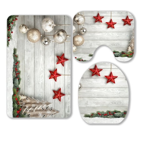 ABPHQTO Christmas Bright Wood Fir Branches Stars Trees Snow 3 Piece Bathroom Rugs Set Bath Rug Contour Mat and Toilet Lid Cover