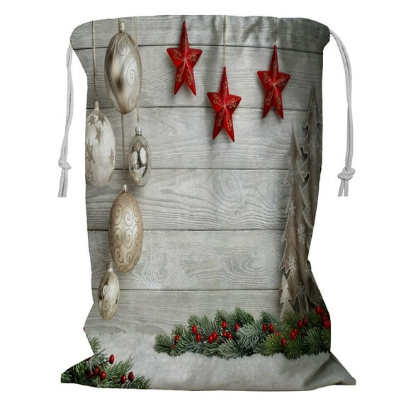 ABPHQTO Christmas Bright Wood Fir Branches Stars Trees Snow Storage Basket Laundry Bag with Drawstring 18x24 Inch