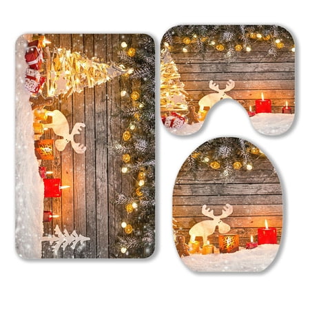 ABPHQTO Christmas Decoration On Wooden 3 Piece Bathroom Rugs Set Bath Rug Contour Mat and Toilet Lid Cover