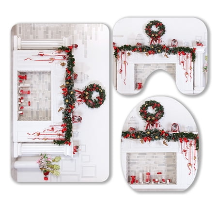 ABPHQTO Christmas Decoration With Fireplace In The Room 3 Piece Bathroom Rugs Set Bath Rug Contour Mat and Toilet Lid Cover