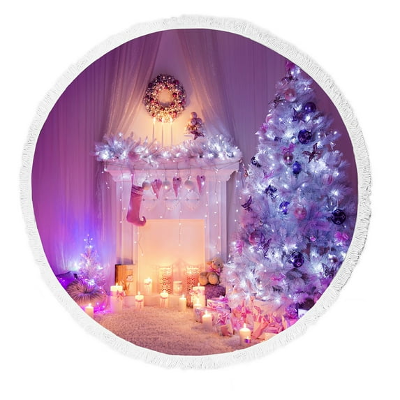 ABPHQTO Christmas Fireplace Tree Lights Xmas Hanging Sock Presents Beach Towel Beach Blanket with Tassels Beach Throw Towel Yoga Mat Picnic Blanket