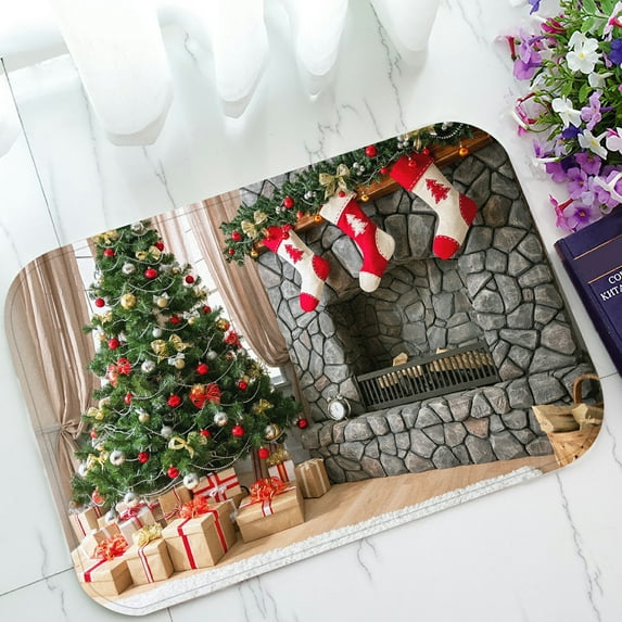 ABPHQTO Christmas Interior Natural Light Christmas Tree Fireplace Doormat Entrance Rug Area Rug Floor Mat Home Decor 23.5x16.7 Inch