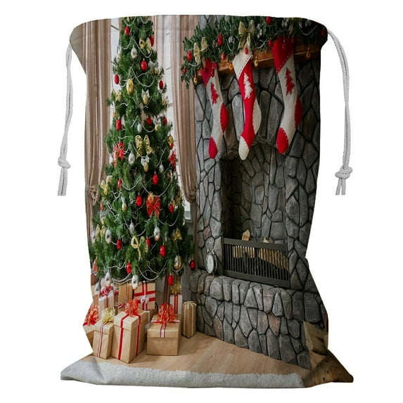 ABPHQTO Christmas Interior Natural Light Christmas Tree Fireplace Storage Basket Laundry Bag with Drawstring 24x32 Inch