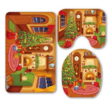 ABPHQTO Christmas Living Room Sofa Fireplace Clock Fir Tree 3 Piece Bathroom Rugs Set Bath Rug Contour Mat and Toilet Lid Cover
