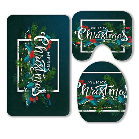 ABPHQTO Christmas New Year Fir Branches Mistletoe Lettering 3 Piece Bathroom Rugs Set Bath Rug Contour Mat and Toilet Lid Cover