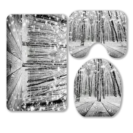 ABPHQTO Christmas Snow On The Wood Textured Forest Winter 3 Piece Bathroom Rugs Set Bath Rug Contour Mat and Toilet Lid Cover