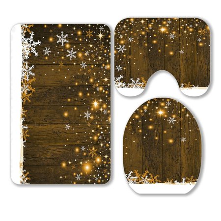 ABPHQTO Christmas Snowflake Wooden Board 3 Piece Bathroom Rugs Set Bath Rug Contour Mat and Toilet Lid Cover