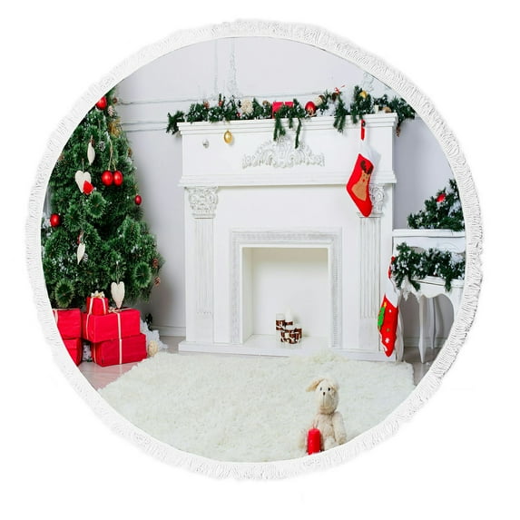 ABPHQTO Christmas Socks Fireplace Tree Shallow Beach Towel Beach Blanket with Tassels Beach Throw Towel Yoga Mat Picnic Blanket