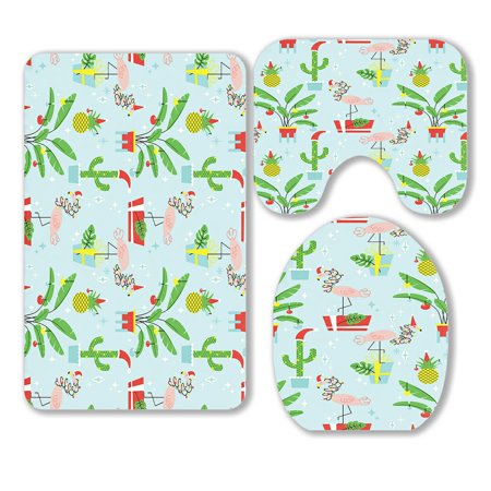 ABPHQTO Christmas Tropical Plants Flamingos In Hats 3 Piece Bathroom Rugs Set Bath Rug Contour Mat and Toilet Lid Cover