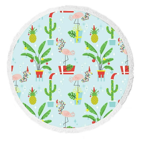 ABPHQTO Christmas Tropical Plants Flamingos In Hats Beach Towel Beach Blanket with Tassels Beach Throw Towel Yoga Mat Picnic Blanket