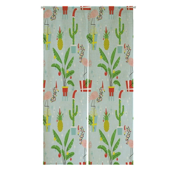 ABPHQTO Christmas Tropical Plants Flamingos In Hats Japanese Noren Curtain Doorway Door Window Treatment Curtains Cotton Linen Curtain 85x90 cm