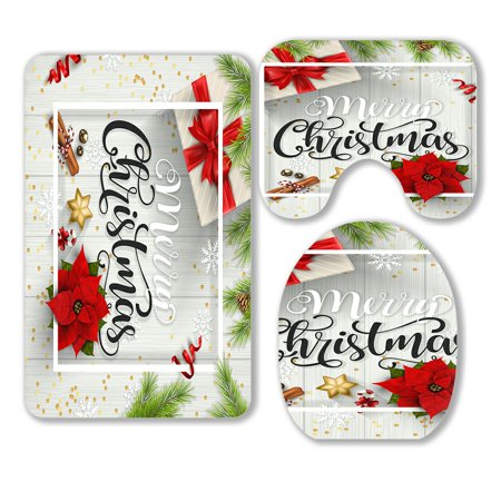ABPHQTO Christmas Typo Al White Wooden Fir Branches 3 Piece Bathroom Rugs Set Bath Rug Contour Mat and Toilet Lid Cover