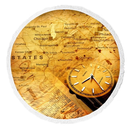 ABPHQTO Clock With Old Textured Map Round Beach Blanket with Tassels Beach Throw Towel Yoga Mat Picnic Blanket