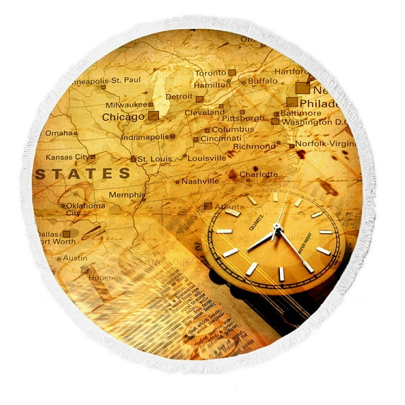 ABPHQTO Clock With Old Textured Map Round Beach Blanket with Tassels Beach Throw Towel Yoga Mat Picnic Blanket