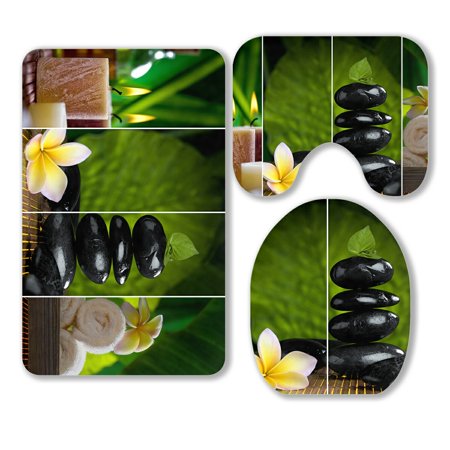ABPHQTO Close Up View Of Spa Theme Objects On Natural 3 Piece Bathroom Rugs Set Bath Rug Contour Mat and Toilet Lid Cover