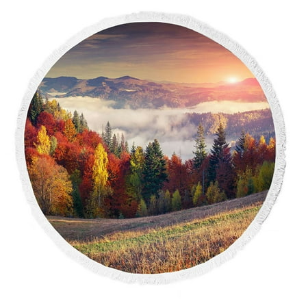 ABPHQTO Colorful Autumn Sunrise Mountains Round Beach Blanket with Tassels Beach Throw Towel Yoga Mat Picnic Blanket