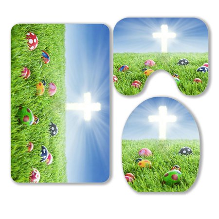ABPHQTO Colorful Easter Eggs Grass Bright Cross 3 Piece Bathroom Rugs Set Bath Rug Contour Mat and Toilet Lid Cover