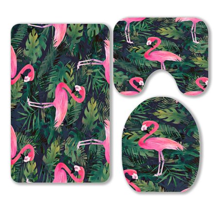 ABPHQTO Colorful Flamingo Tropical Leaves 3 Piece Bathroom Rugs Set Bath Rug Contour Mat and Toilet Lid Cover