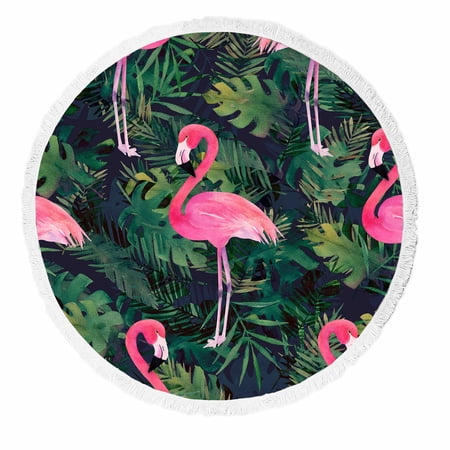 ABPHQTO Colorful Flamingo Tropical Leaves Round Beach Blanket with Tassels Beach Throw Towel Yoga Mat Picnic Blanket