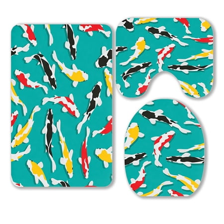 ABPHQTO Colorful Koi Fish 3 Piece Bathroom Rugs Set Bath Rug Contour Mat and Toilet Lid Cover