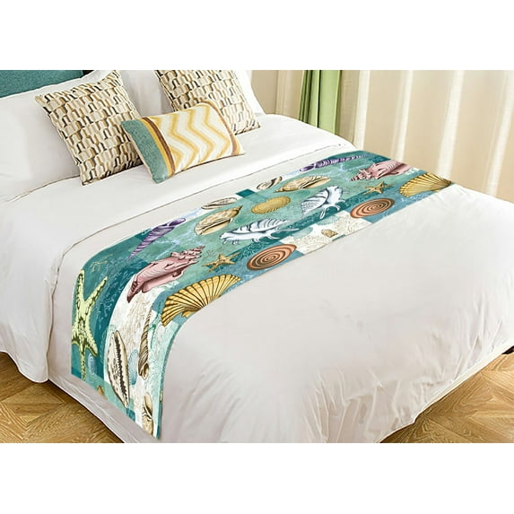 ABPHQTO Colorful Layered Pattern With Seashells Corals And Starfishes Bed Runner Bedding Scarf Bed Decoration 20x95 inch