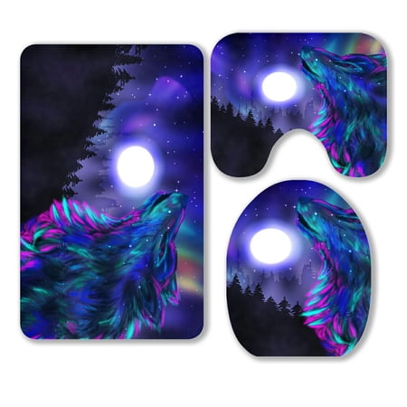 ABPHQTO Colorful Northern Landscape Howling Wolf Spirit Aurora Borealis 3 Piece Bathroom Rugs Set Bath Rug Contour Mat and Toilet Lid Cover