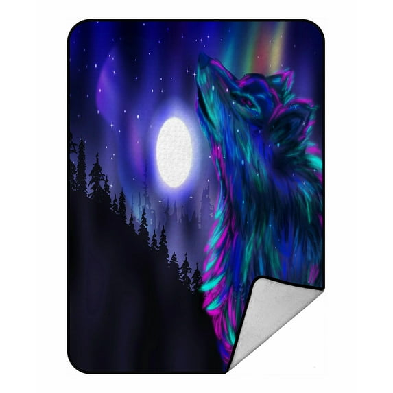 ABPHQTO Colorful Northern Landscape Howling Wolf Spirit Aurora Borealis Fleece Blanket Fleece Back Throw Blanket 58x80 Inch