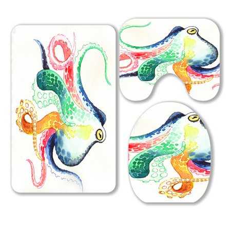 ABPHQTO Colorful Octopus 3 Piece Bathroom Rugs Set Bath Rug Contour Mat and Toilet Lid Cover