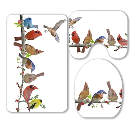 ABPHQTO Colorful Songbird Celebration 3 Piece Bathroom Rugs Set Bath Rug Contour Mat and Toilet Lid Cover