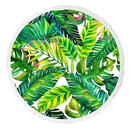 ABPHQTO Colorful Tropical Leaves Exotic Plants Round Beach Blanket with Tassels Beach Throw Towel Yoga Mat Picnic Blanket