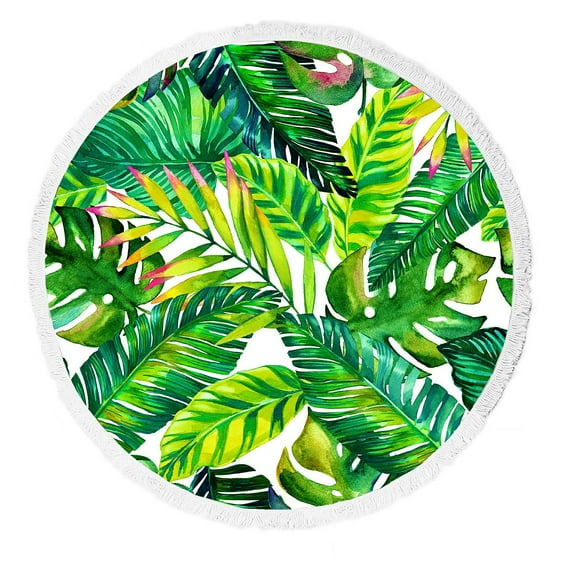 ABPHQTO Colorful Tropical Leaves Exotic Plants Round Beach Blanket with Tassels Beach Throw Towel Yoga Mat Picnic Blanket