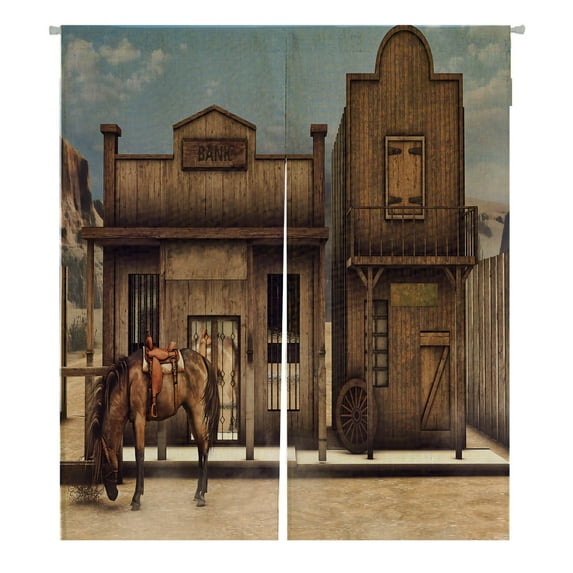 ABPHQTO Colorful Wild West Scenery Horse Front Bank 3D Japanese Noren Curtain Doorway Door Window Treatment Curtains Cotton Linen Curtain 105 x 120 cm