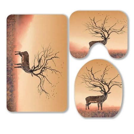 ABPHQTO Conceptual Deer Stag Dry Tree As Red Deer Stag 3 Piece Bathroom Rugs Set Bath Rug Contour Mat and Toilet Lid Cover