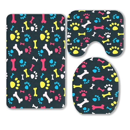ABPHQTO Cool Pet Dog Paw Prints And Bones Texture 3 Piece Bathroom Rugs Set Bath Rug Contour Mat and Toilet Lid Cover
