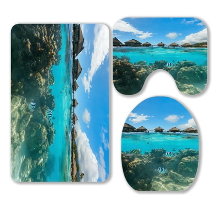ABPHQTO Coral Garden Under Water Bungalows French Polynesia 3 Piece Bathroom Rugs Set Bath Rug Contour Mat and Toilet Lid Cover
