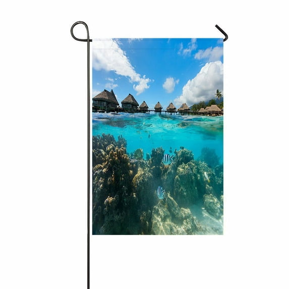 ABPHQTO Coral Garden Under Water Bungalows French Polynesia Home Outdoor Garden Flag House Banner Size 12x18 Inch