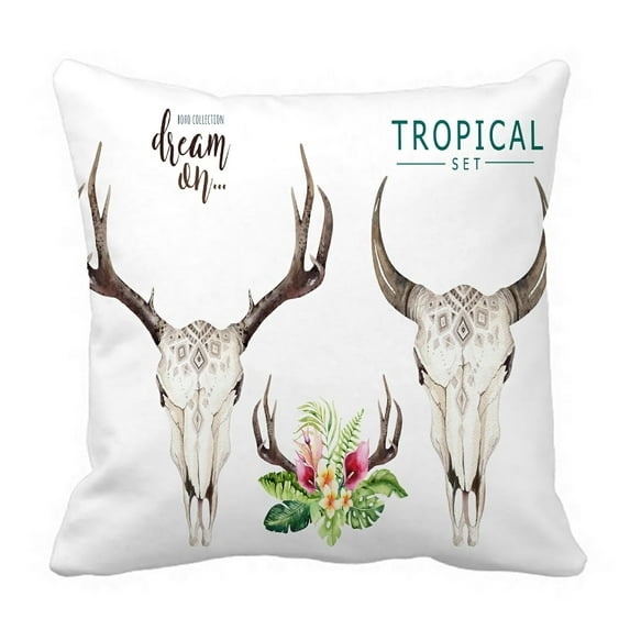 ABPHQTO Cow Skull Tropic Palm Leaves Pillow Case Pillow Cover Pillow Protector Two Sides For Couch Bed 20x20 Inch