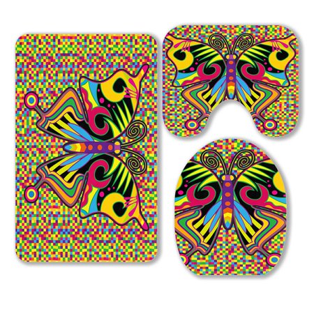 ABPHQTO Crazy Abstract Butterfly 3 Piece Bathroom Rugs Set Bath Rug Contour Mat and Toilet Lid Cover