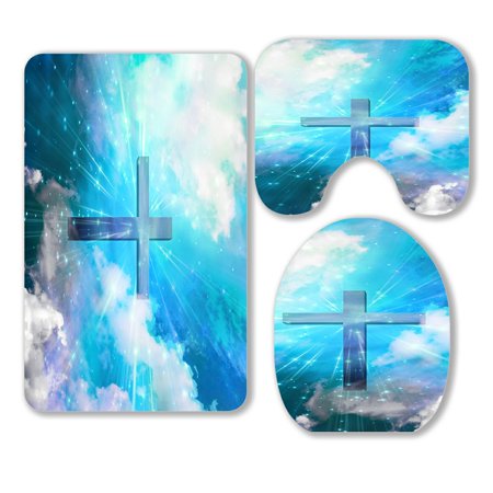ABPHQTO Cross Sky Clouds 3 Piece Bathroom Rugs Set Bath Rug Contour Mat and Toilet Lid Cover