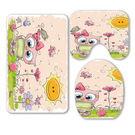 ABPHQTO Cute Cartoon Owl Meadow Flowers 3 Piece Bathroom Rugs Set Bath Rug Contour Mat and Toilet Lid Cover