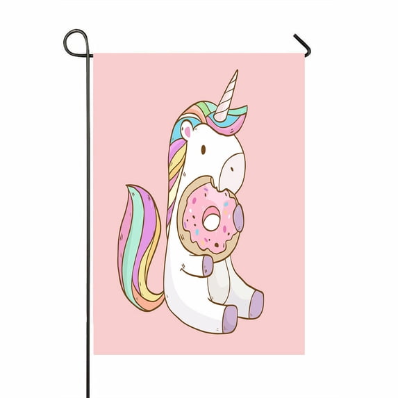 ABPHQTO Cute Cartoon Unicorn Eating Tasty Donuts Home Outdoor Garden Flag House Banner Size 28x40 Inch