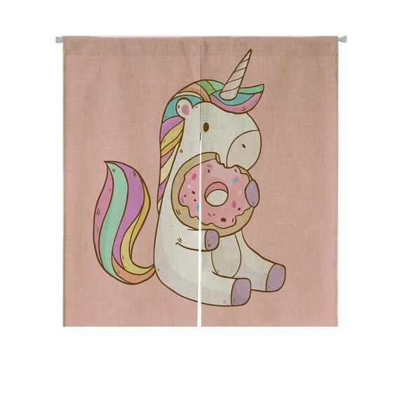 ABPHQTO Cute Cartoon Unicorn Eating Tasty Donuts Japanese Noren Curtain Doorway Door Window Treatment Curtains Cotton Linen Curtain 105x120 cm