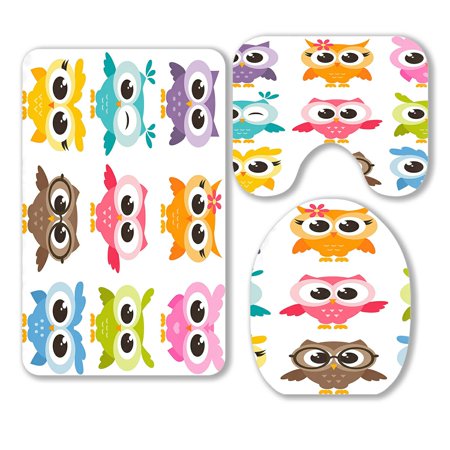 ABPHQTO Cute Collection Of Bright Owls 3 Piece Bathroom Rugs Set Bath Rug Contour Mat and Toilet Lid Cover