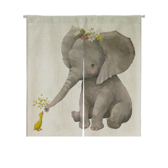 ABPHQTO Cute Elephant With Floral Wreath And Little Duck Japanese Noren Curtain Doorway Door Window Treatment Curtains Cotton Linen Curtain 105x120 cm