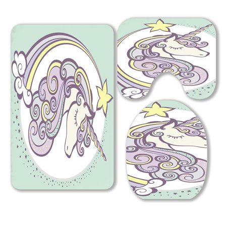ABPHQTO Cute Magic Unicorn Head With Horn 3 Piece Bathroom Rugs Set Bath Rug Contour Mat and Toilet Lid Cover